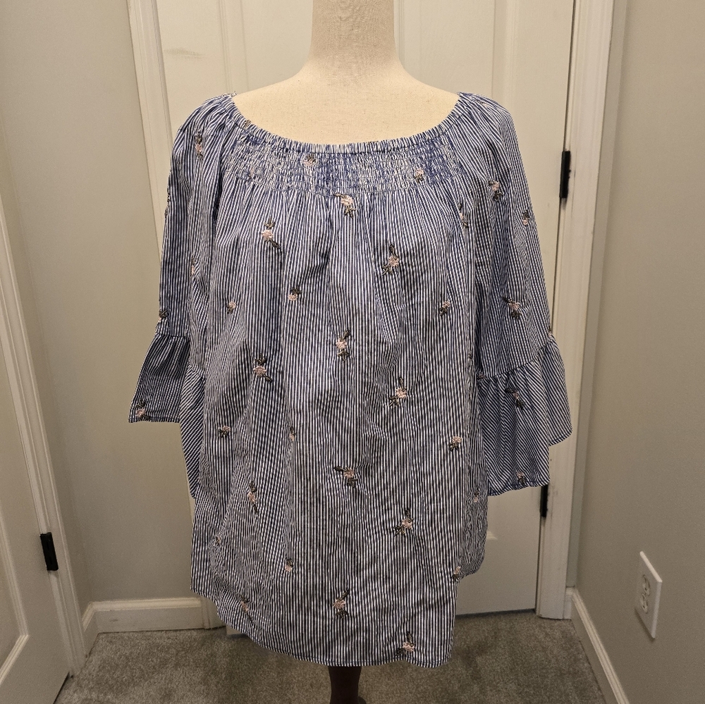 Westport Blue and White Bell Sleeve Blouse with Smocked Details